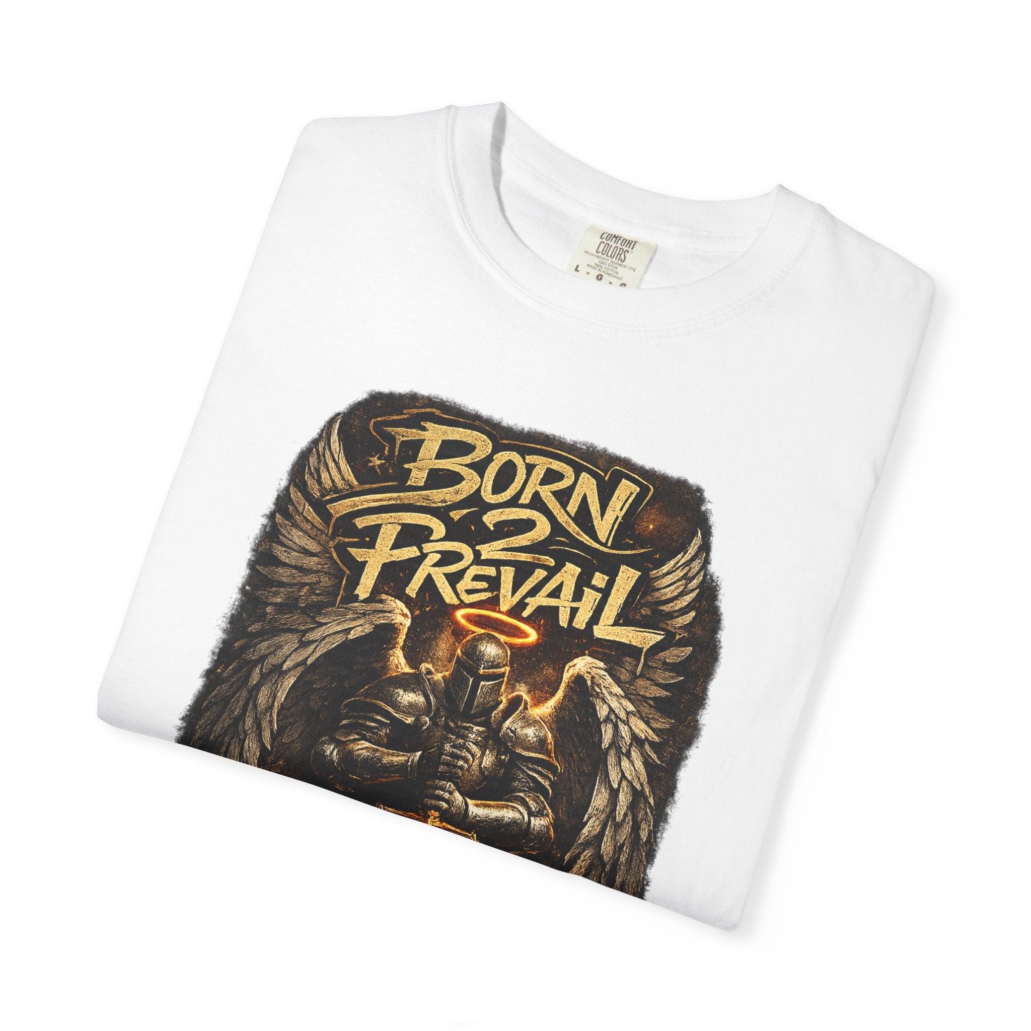 Graphic T-Shirt — 'Born to Prevail' Angel Knight Sword Design