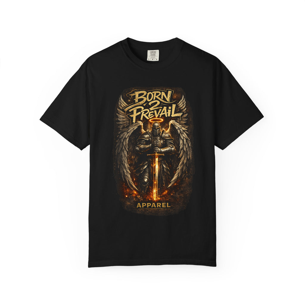 Graphic T-Shirt — 'Born to Prevail' Angel Knight Sword Design