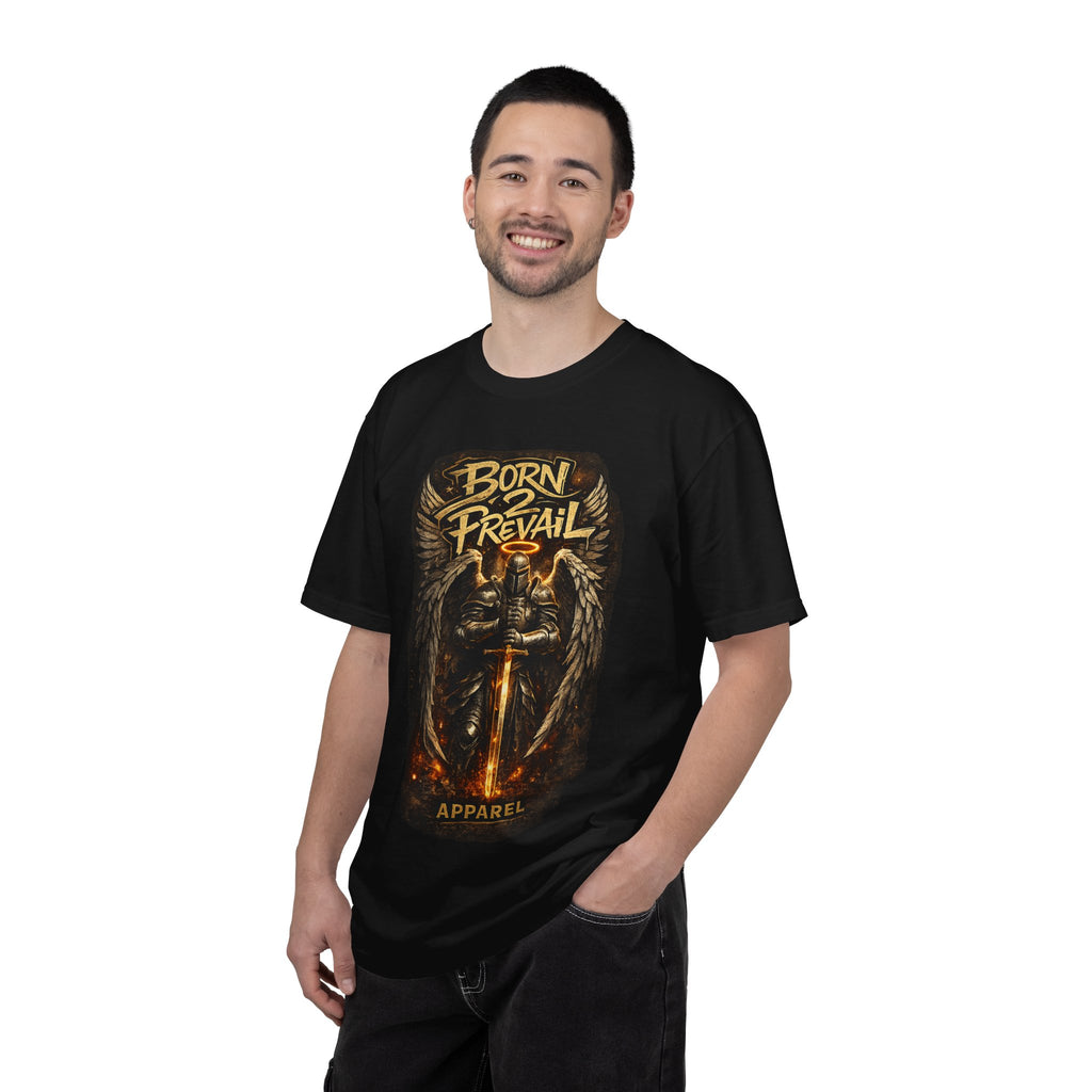 Graphic T-Shirt — 'Born to Prevail' Angel Knight Sword Design