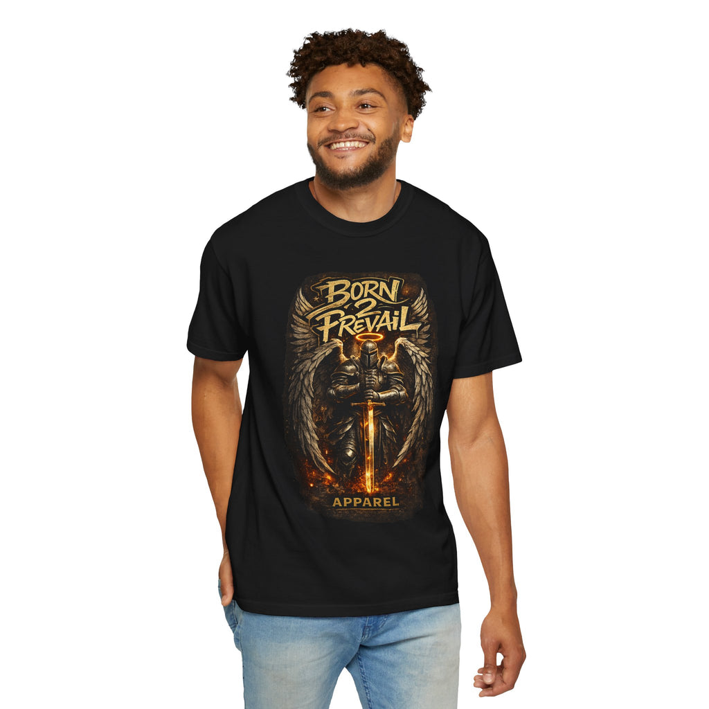 Graphic T-Shirt — 'Born to Prevail' Angel Knight Sword Design