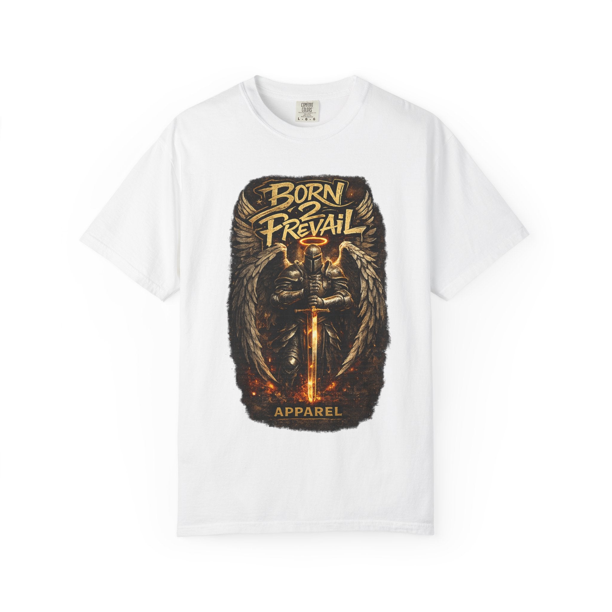 Graphic T-Shirt — 'Born to Prevail' Angel Knight Sword Design