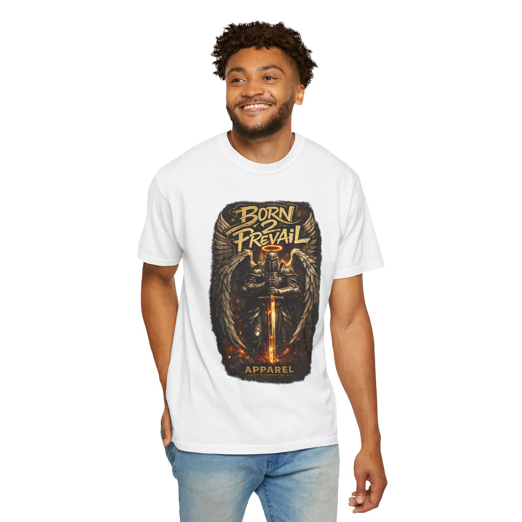 Graphic T-Shirt — 'Born to Prevail' Angel Knight Sword Design