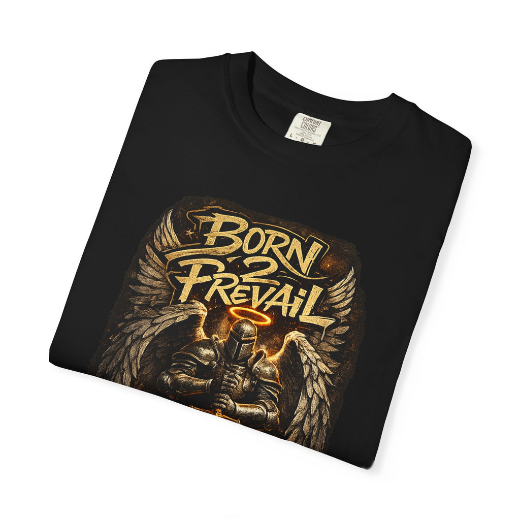 Graphic T-Shirt — 'Born to Prevail' Angel Knight Sword Design
