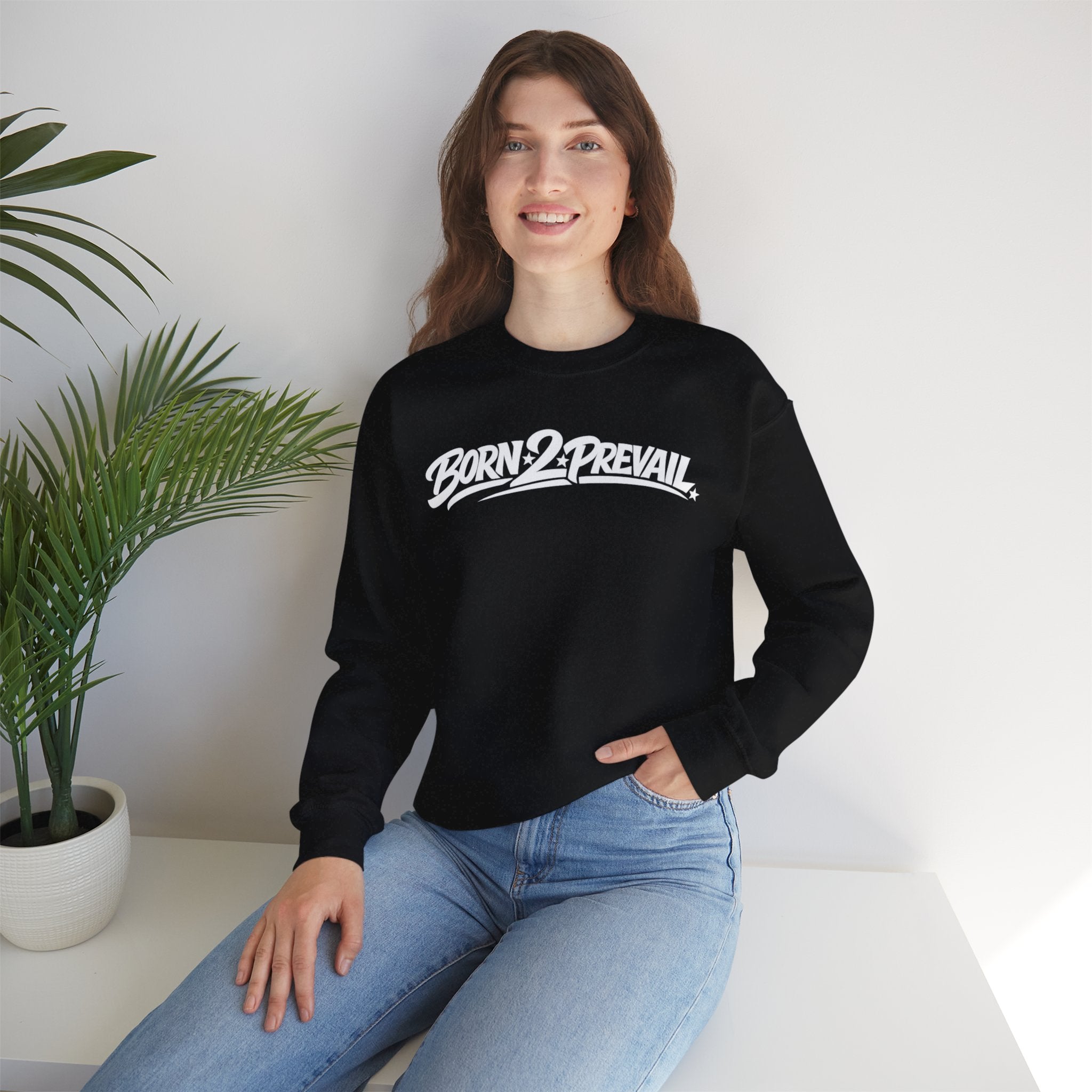 Crewneck Sweatshirt — Born 2 Prevail Script Logo (Motivational Streetwear)